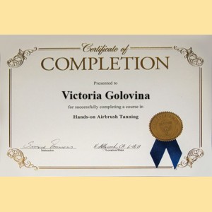 Completion Victoria Golovina for successfully complating a ciurse in Hands-on Airbrush Tanning