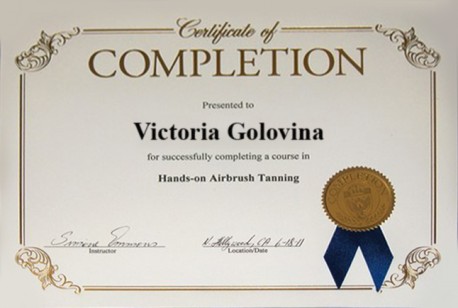 Completion Victoria Golovina for successfully complating a ciurse in Hands-on Airbrush Tanning