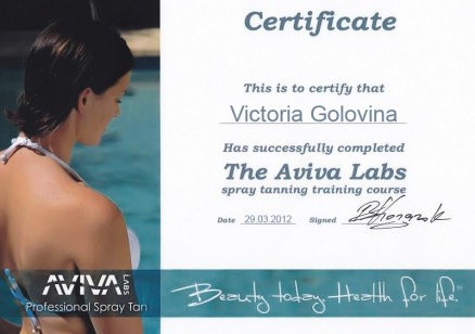 Certificate. This is certify that Victoria Golovina for successfully completed the Aviva Labs spray tanning training course